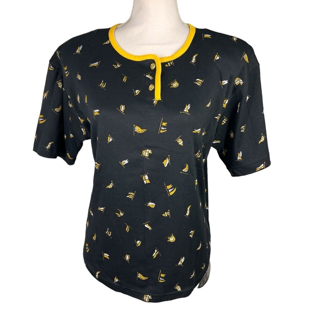 New Vintage Koret Nautical Short Sleeve Shirt Medium Petite Black Deadstock